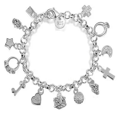 925 Sterling Silver Charm Bracelet for Women & Teens: 13-Piece Pendant Chain, Lady's Fine Jewelry Gift