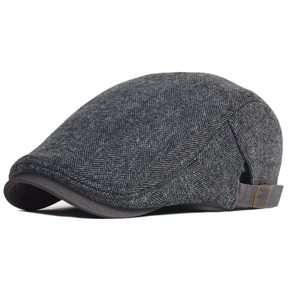 Men's Winter Wool Newsboy Cap: Thick & Warm Vintage Herringbone Stripe Beret Gatsby Hat, Adjustable