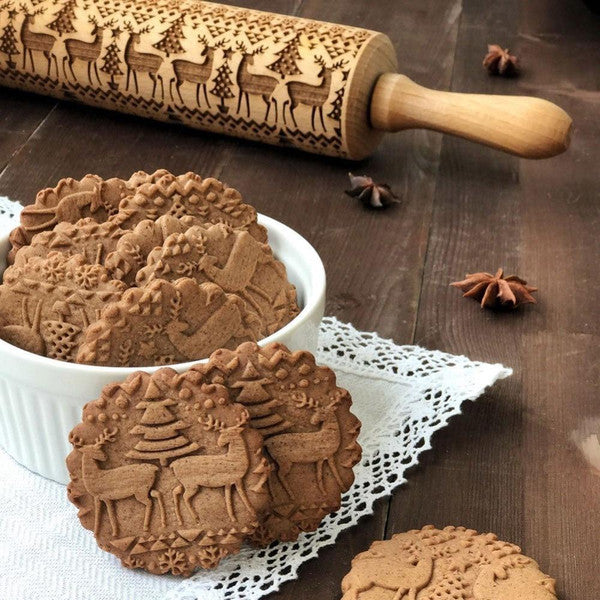 Christmas 3D Rolling Pin - Solid Maple Wood, Perfect for Holiday Baking, Great Gift for Bakers