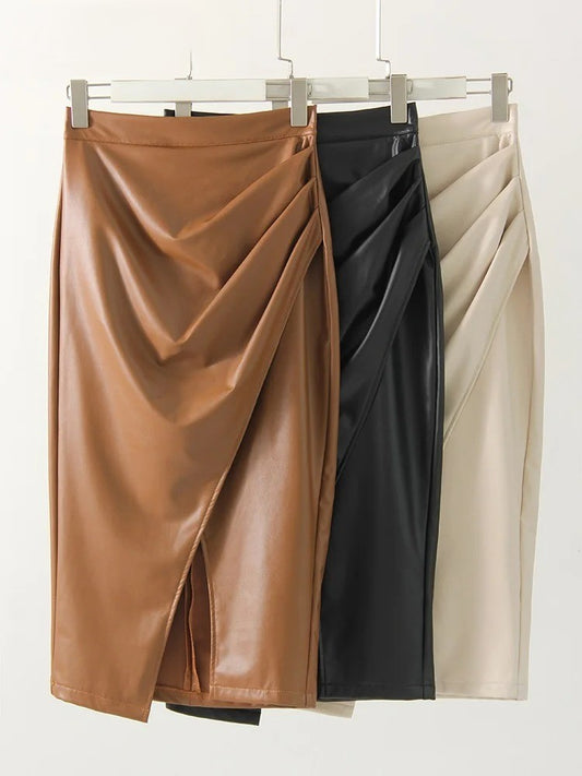 Elegant Black PU Leather High Waist Bodycon Midi Skirt for Women