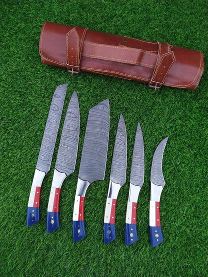 Custom Handmade Damascus Kitchen Knife Set With Texas Flag Handle, Gift Knife Sets, Anniversary Gifts, Chef Gift, Gift