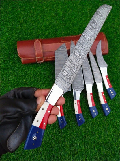 Custom Handmade Damascus Kitchen Knife Set With Texas Flag Handle, Gift Knife Sets, Anniversary Gifts, Chef Gift, Gift