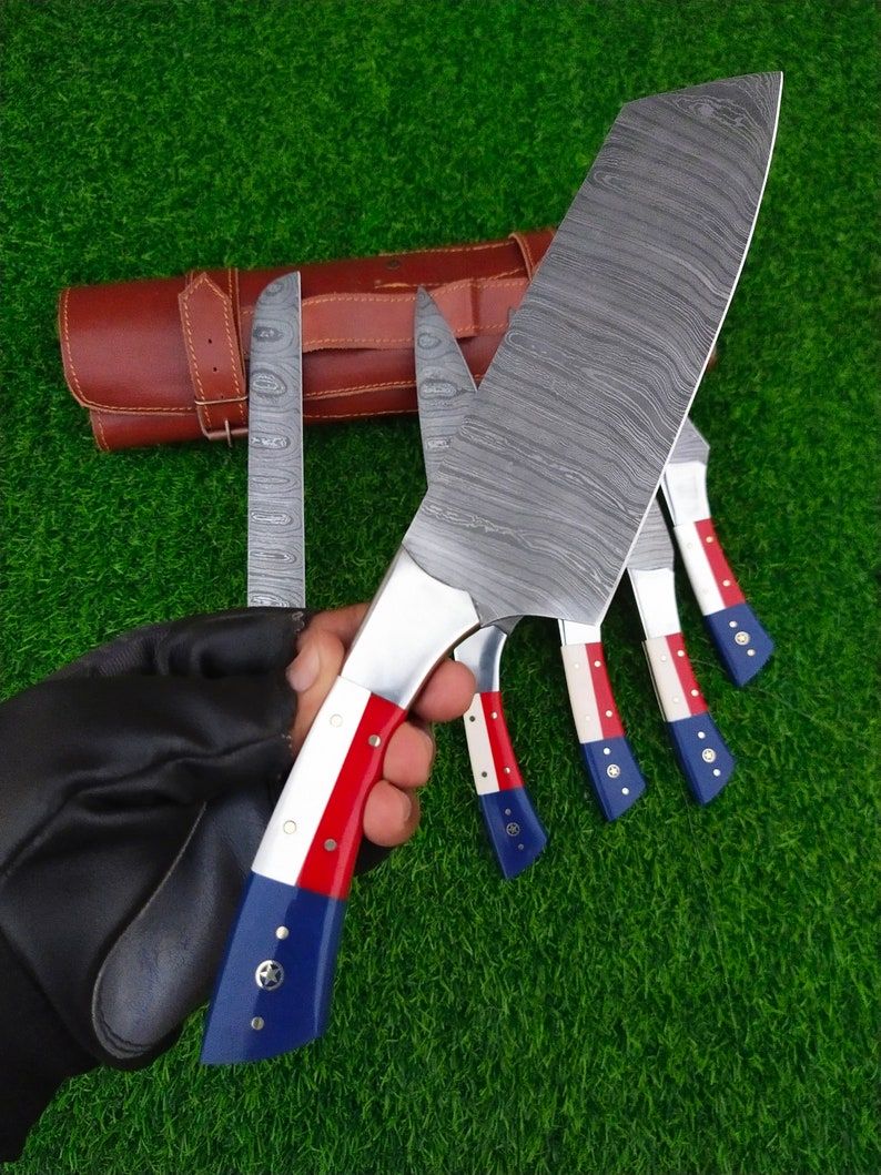 Custom Handmade Damascus Kitchen Knife Set With Texas Flag Handle, Gift Knife Sets, Anniversary Gifts, Chef Gift, Gift