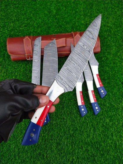 Custom Handmade Damascus Kitchen Knife Set With Texas Flag Handle, Gift Knife Sets, Anniversary Gifts, Chef Gift, Gift