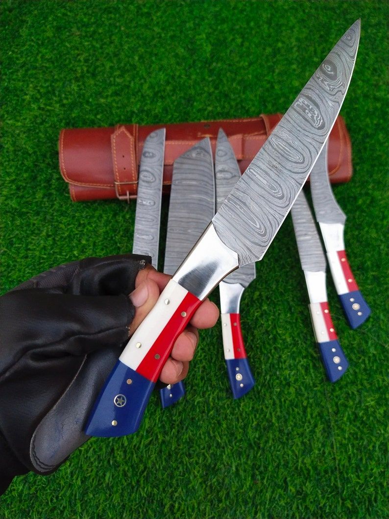Custom Handmade Damascus Kitchen Knife Set With Texas Flag Handle, Gift Knife Sets, Anniversary Gifts, Chef Gift, Gift