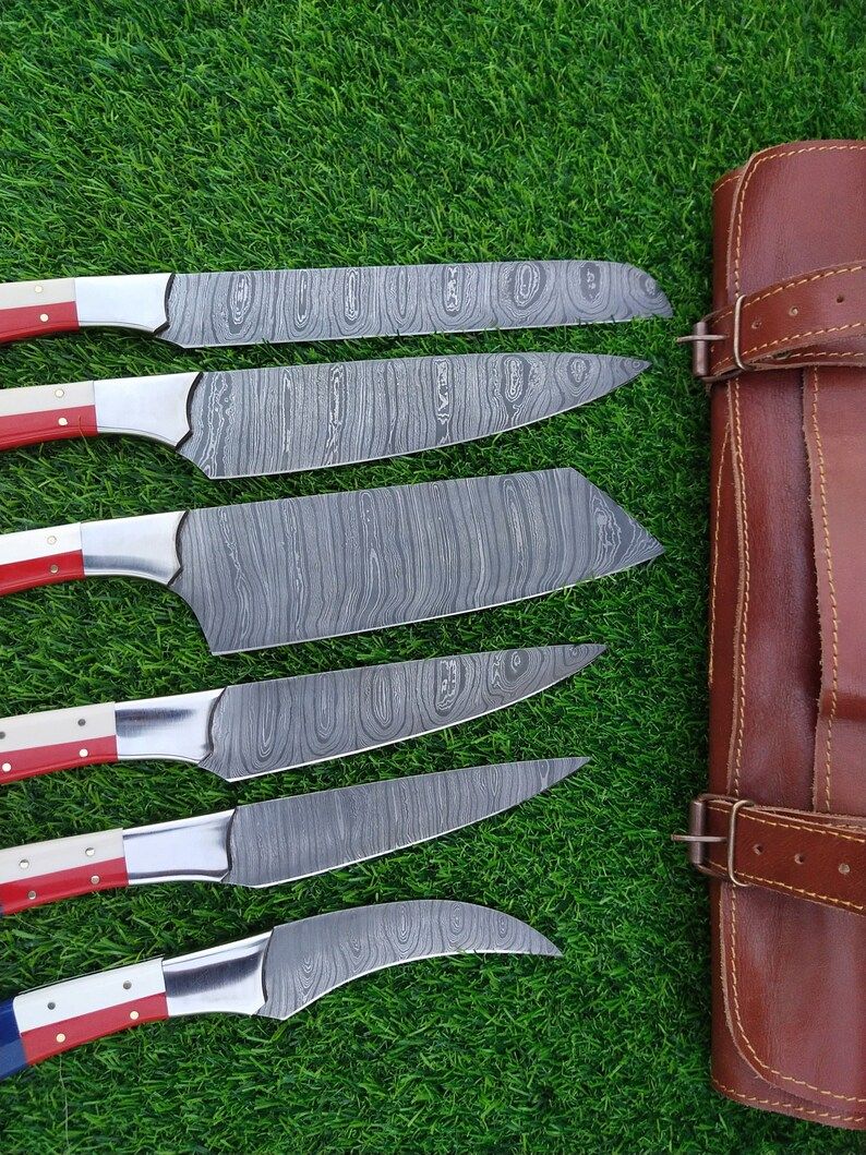 Custom Handmade Damascus Kitchen Knife Set With Texas Flag Handle, Gift Knife Sets, Anniversary Gifts, Chef Gift, Gift