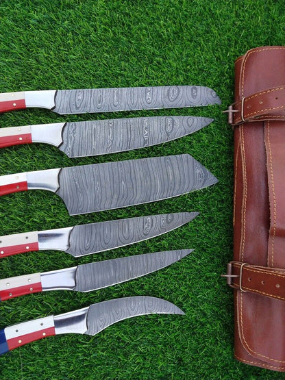 Custom Handmade Damascus Kitchen Knife Set With Texas Flag Handle, Gift Knife Sets, Anniversary Gifts, Chef Gift, Gift