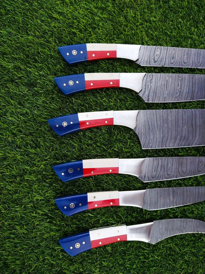 Custom Handmade Damascus Kitchen Knife Set With Texas Flag Handle, Gift Knife Sets, Anniversary Gifts, Chef Gift, Gift