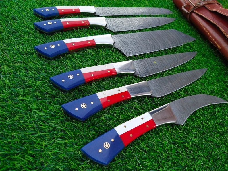 Custom Handmade Damascus Kitchen Knife Set With Texas Flag Handle, Gift Knife Sets, Anniversary Gifts, Chef Gift, Gift
