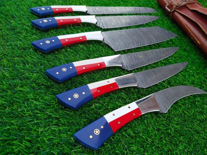 Custom Handmade Damascus Kitchen Knife Set With Texas Flag Handle, Gift Knife Sets, Anniversary Gifts, Chef Gift, Gift