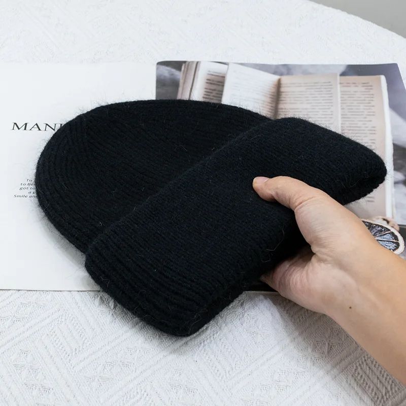 Angora Women's Winter Beanie Hat, Rabbit Fur Fluffy Knitted Beanies, Soft & Warm Knit Hat for Cold Weather
