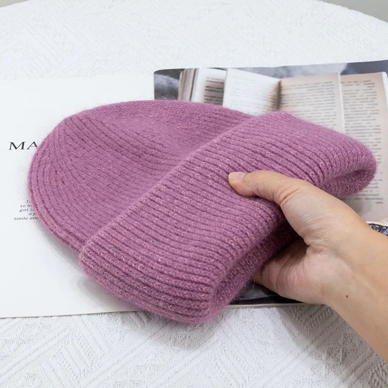 Angora Women's Winter Beanie Hat, Rabbit Fur Fluffy Knitted Beanies, Soft & Warm Knit Hat for Cold Weather