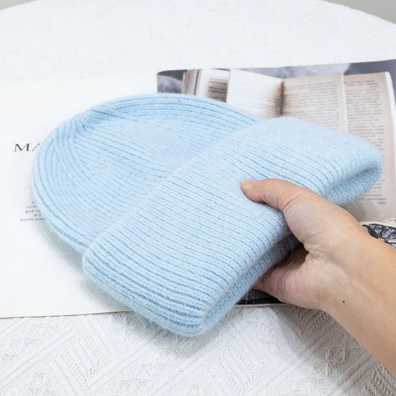 Angora Women's Winter Beanie Hat, Rabbit Fur Fluffy Knitted Beanies, Soft & Warm Knit Hat for Cold Weather