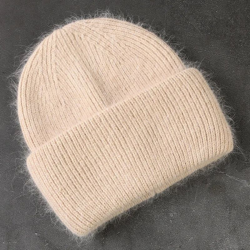 Angora Women's Winter Beanie Hat, Rabbit Fur Fluffy Knitted Beanies, Soft & Warm Knit Hat for Cold Weather
