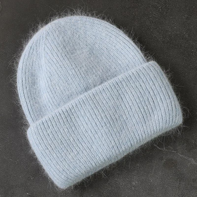 Angora Women's Winter Beanie Hat, Rabbit Fur Fluffy Knitted Beanies, Soft & Warm Knit Hat for Cold Weather