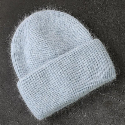 Angora Women's Winter Beanie Hat, Rabbit Fur Fluffy Knitted Beanies, Soft & Warm Knit Hat for Cold Weather