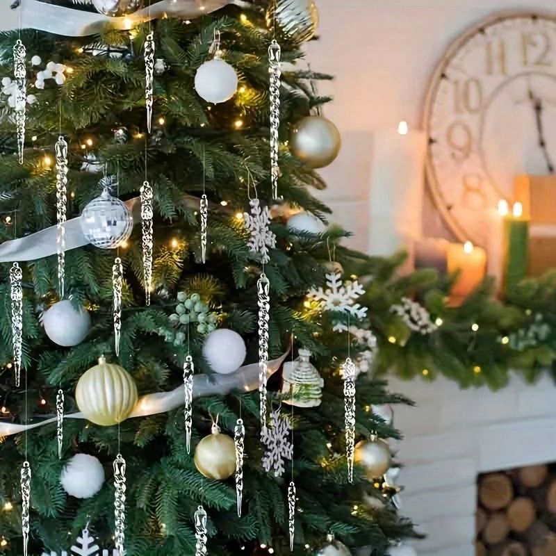Crystal Clear Christmas Tree Icicle Ornaments, Shatterproof Holiday Decor, Elegant Winter Touch