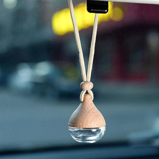 Refillable Glass Car Air Freshener Pendant with Wooden Cap, Empty Essential Oil Diffuser Bottle