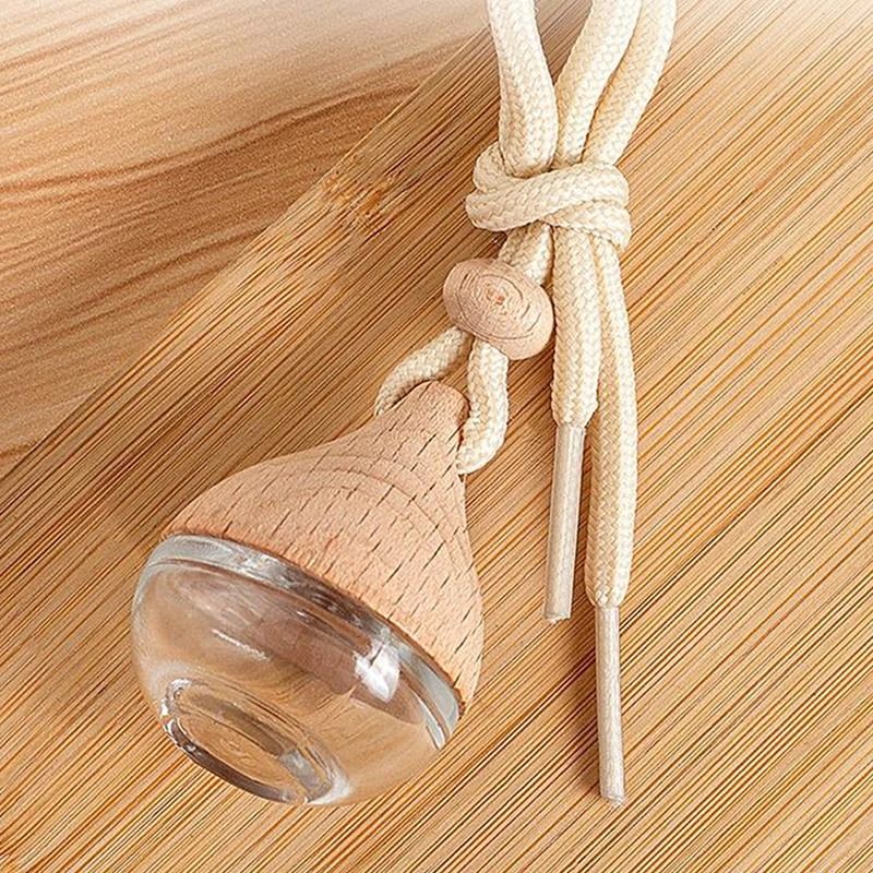Refillable Glass Car Air Freshener Pendant with Wooden Cap, Empty Essential Oil Diffuser Bottle