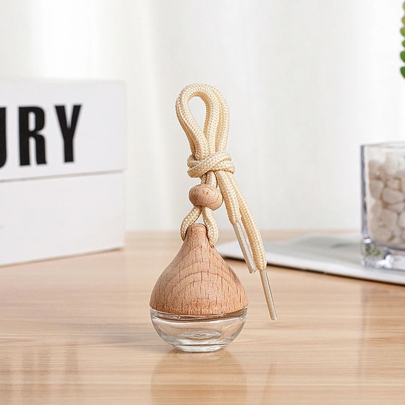 Refillable Glass Car Air Freshener Pendant with Wooden Cap, Empty Essential Oil Diffuser Bottle