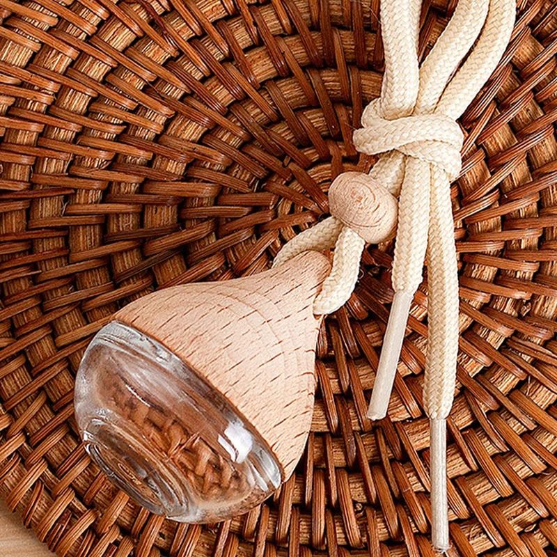 Refillable Glass Car Air Freshener Pendant with Wooden Cap, Empty Essential Oil Diffuser Bottle