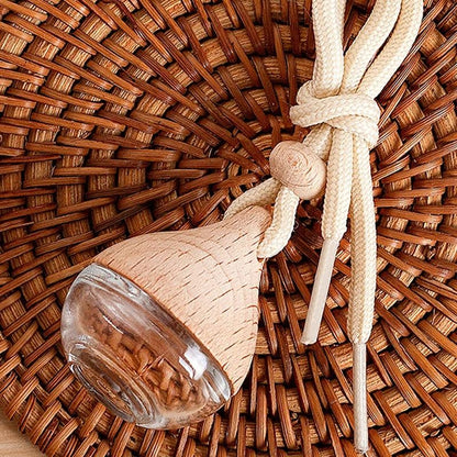 Refillable Glass Car Air Freshener Pendant with Wooden Cap, Empty Essential Oil Diffuser Bottle