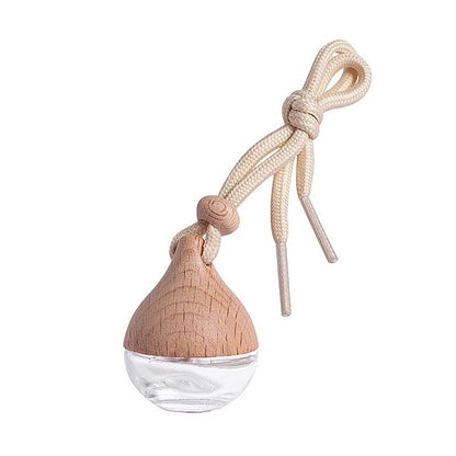 Refillable Glass Car Air Freshener Pendant with Wooden Cap, Empty Essential Oil Diffuser Bottle