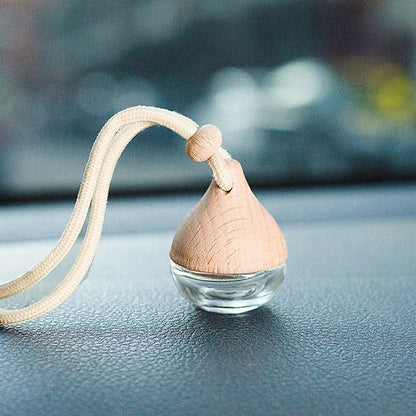 Refillable Glass Car Air Freshener Pendant with Wooden Cap, Empty Essential Oil Diffuser Bottle