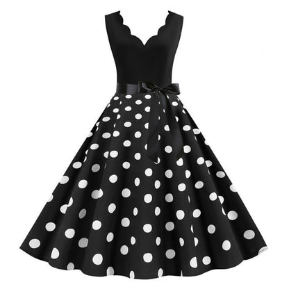 Womens Retro Summer Dress, V-Neck Polka Dot Pinup Party Dress with Bow, Audrey Hepburn-Inspired 50s Vintage Style