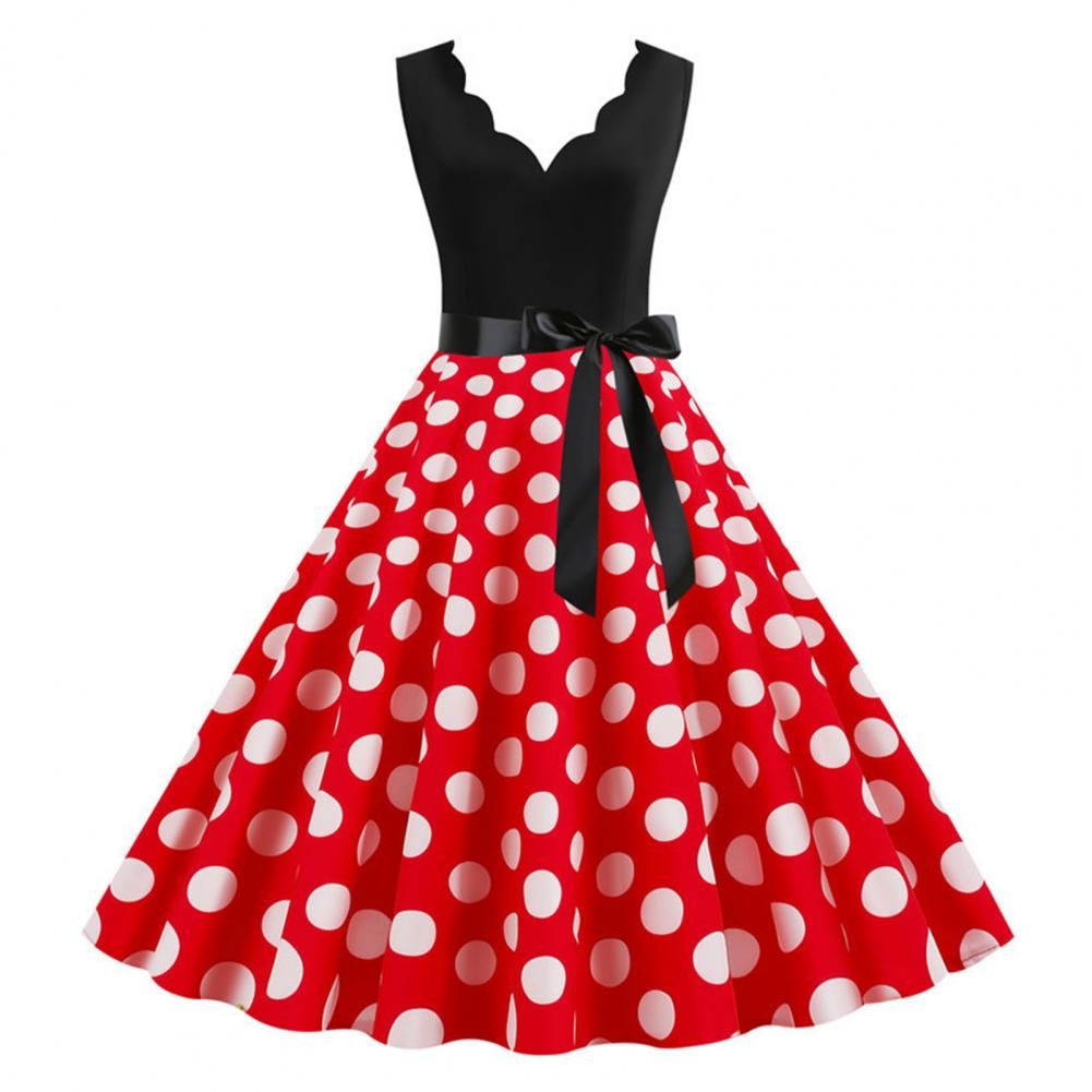 Womens Retro Summer Dress, V-Neck Polka Dot Pinup Party Dress with Bow, Audrey Hepburn-Inspired 50s Vintage Style