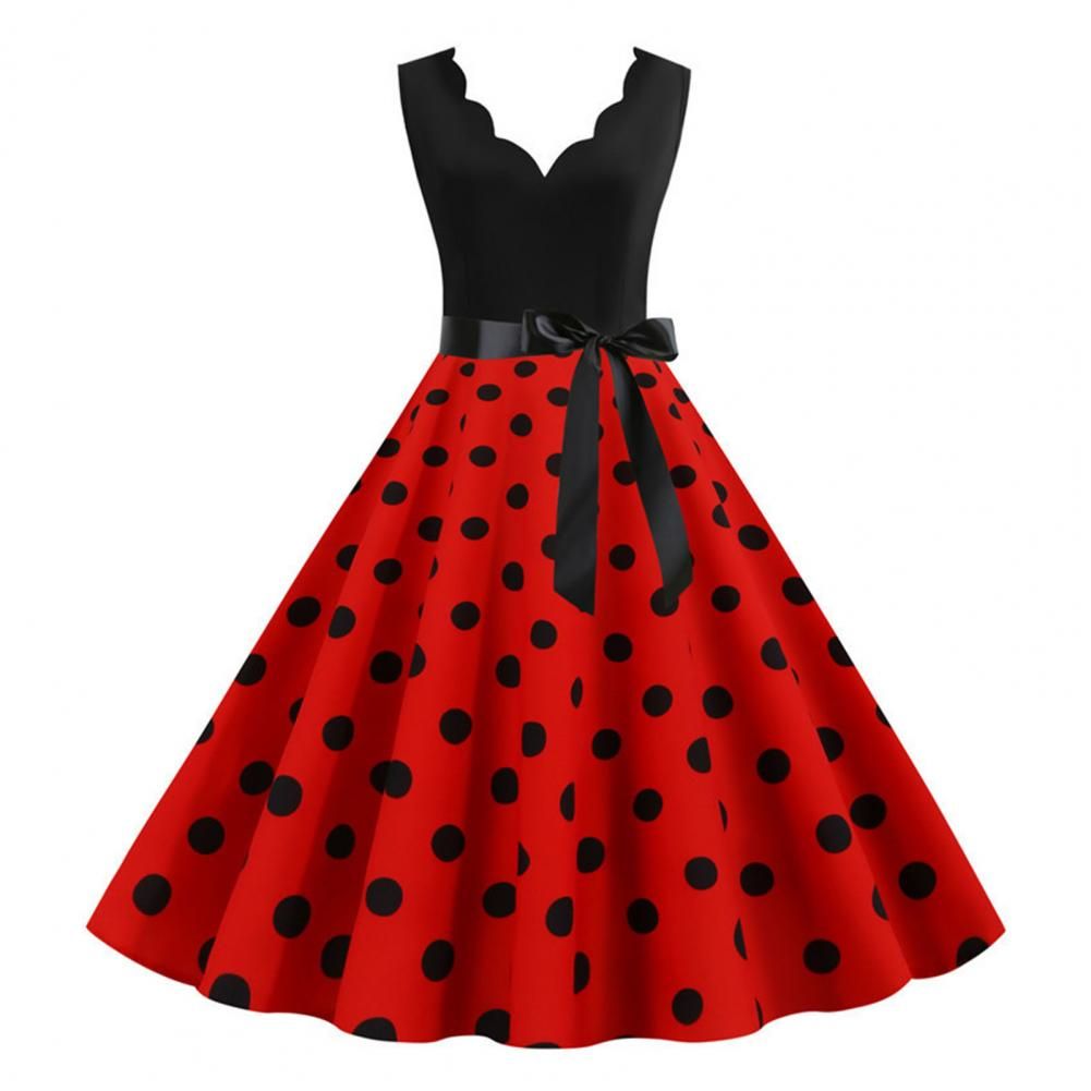 Womens Retro Summer Dress, V-Neck Polka Dot Pinup Party Dress with Bow, Audrey Hepburn-Inspired 50s Vintage Style