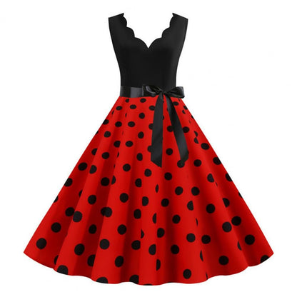 Womens Retro Summer Dress, V-Neck Polka Dot Pinup Party Dress with Bow, Audrey Hepburn-Inspired 50s Vintage Style