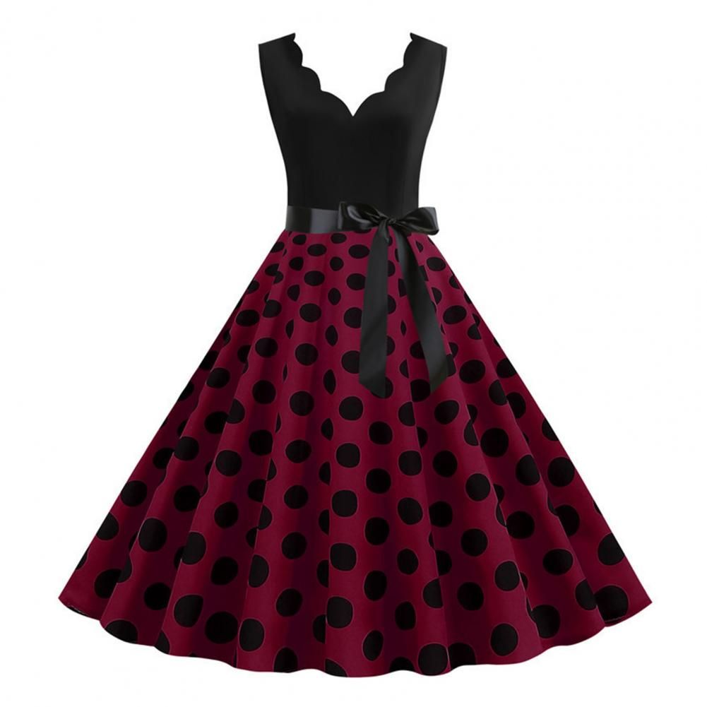 Womens Retro Summer Dress, V-Neck Polka Dot Pinup Party Dress with Bow, Audrey Hepburn-Inspired 50s Vintage Style