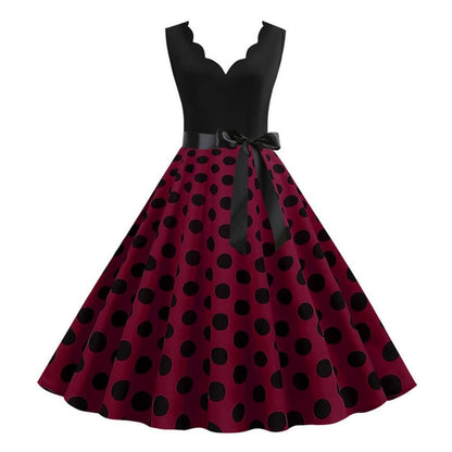 Womens Retro Summer Dress, V-Neck Polka Dot Pinup Party Dress with Bow, Audrey Hepburn-Inspired 50s Vintage Style