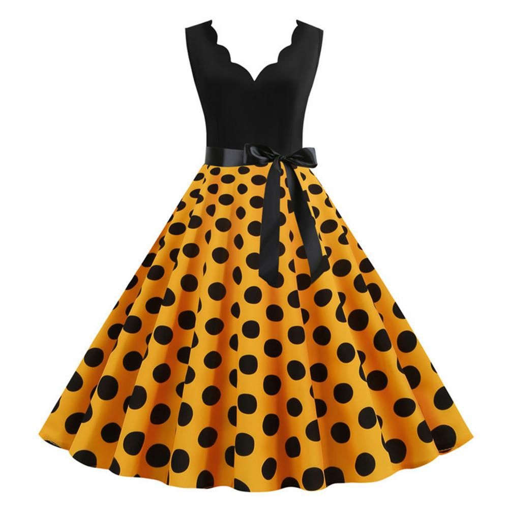 Womens Retro Summer Dress, V-Neck Polka Dot Pinup Party Dress with Bow, Audrey Hepburn-Inspired 50s Vintage Style