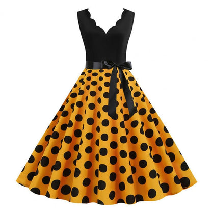 Womens Retro Summer Dress, V-Neck Polka Dot Pinup Party Dress with Bow, Audrey Hepburn-Inspired 50s Vintage Style
