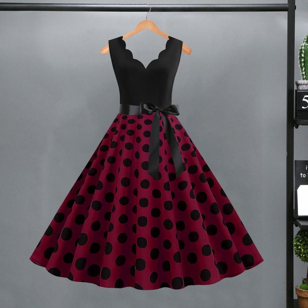 Womens Retro Summer Dress, V-Neck Polka Dot Pinup Party Dress with Bow, Audrey Hepburn-Inspired 50s Vintage Style