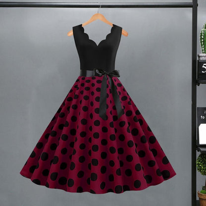 Womens Retro Summer Dress, V-Neck Polka Dot Pinup Party Dress with Bow, Audrey Hepburn-Inspired 50s Vintage Style
