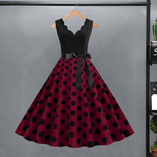 Womens Retro Summer Dress, V-Neck Polka Dot Pinup Party Dress with Bow, Audrey Hepburn-Inspired 50s Vintage Style