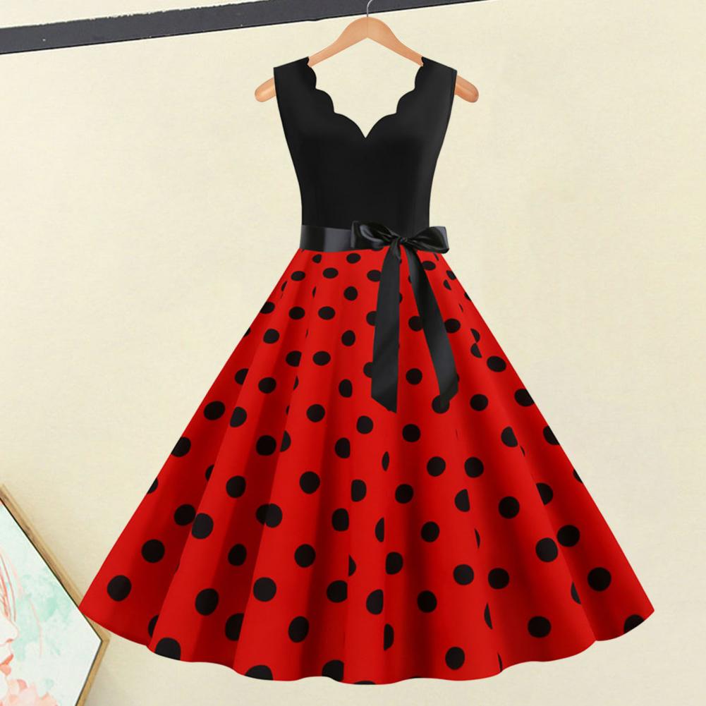 Womens Retro Summer Dress, V-Neck Polka Dot Pinup Party Dress with Bow, Audrey Hepburn-Inspired 50s Vintage Style