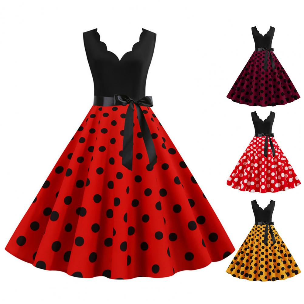 Womens Retro Summer Dress, V-Neck Polka Dot Pinup Party Dress with Bow, Audrey Hepburn-Inspired 50s Vintage Style