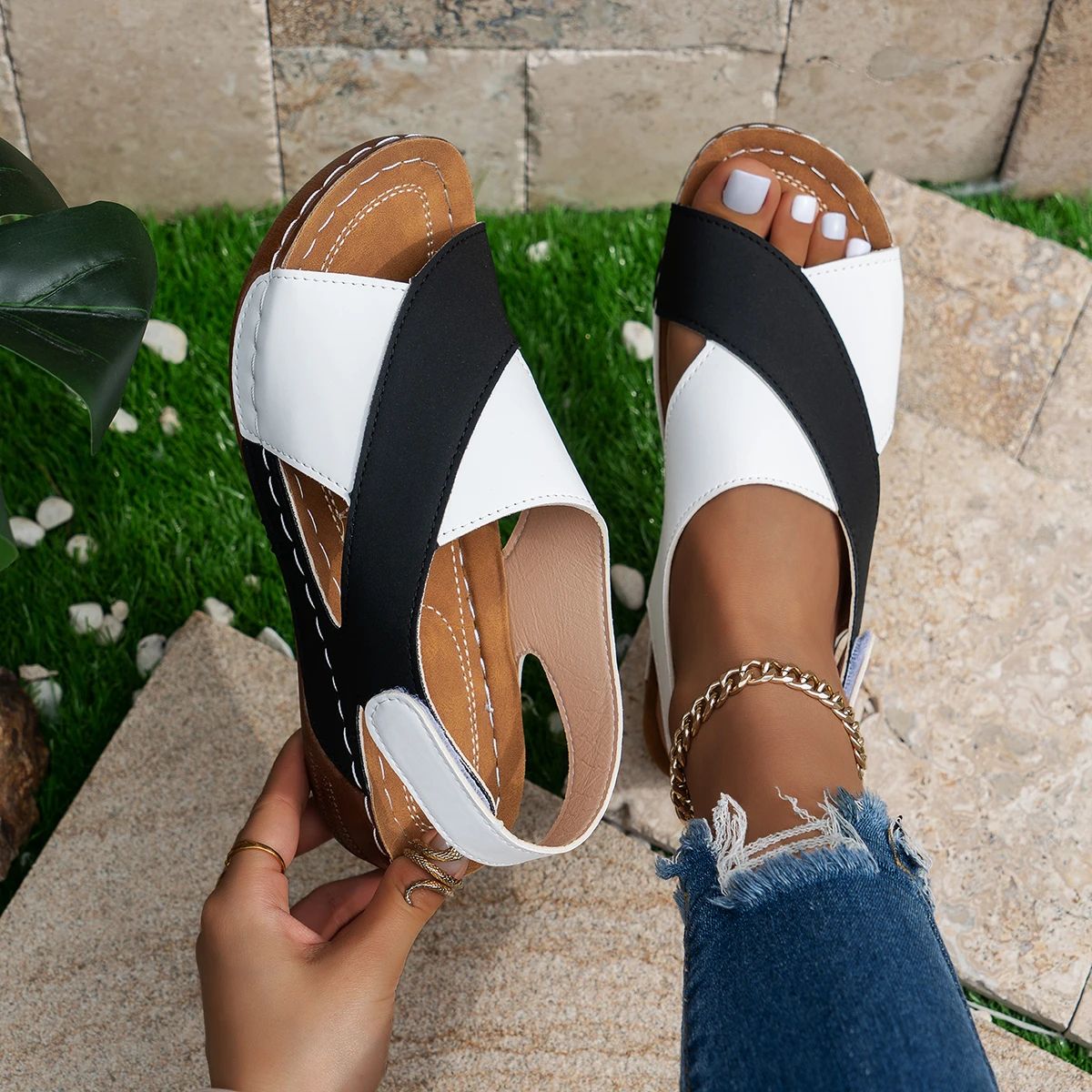 Comfortable Platform Wedge Sandals for Women Summer Peep Toe Roman Sandalias, Orthopedic Beach Shoes with Arch Suppor