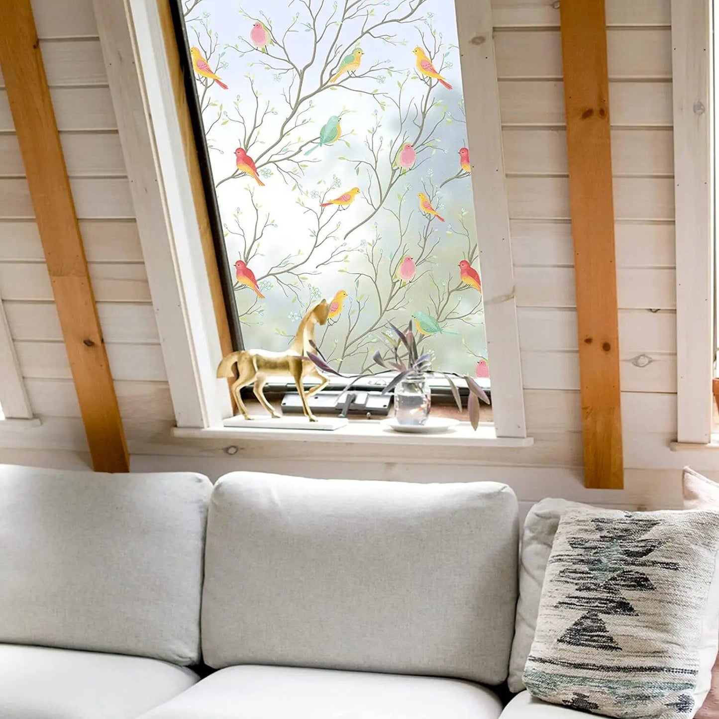 Opaque Privacy Window Film with Static Cling, Decorative Bird Decals & Frosted Glass Stickers for Home