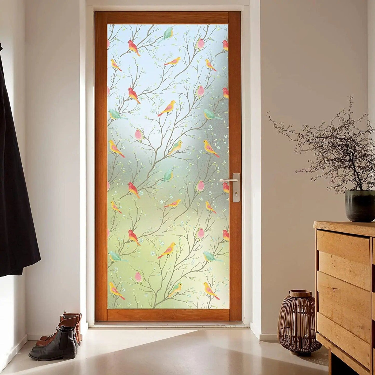 Opaque Privacy Window Film with Static Cling, Decorative Bird Decals & Frosted Glass Stickers for Home