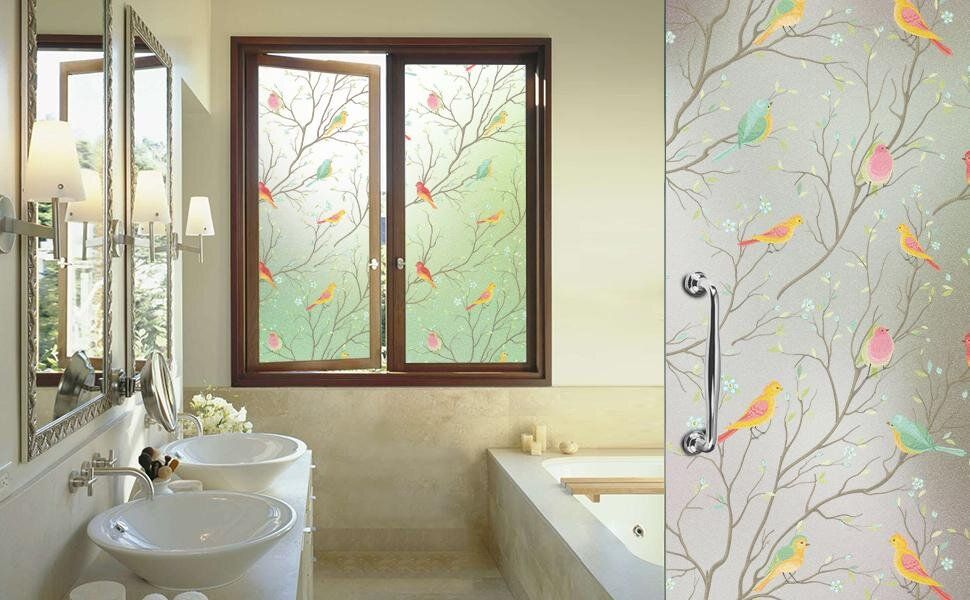 Opaque Privacy Window Film with Static Cling, Decorative Bird Decals & Frosted Glass Stickers for Home