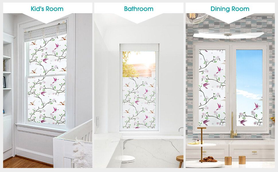Opaque Privacy Window Film with Static Cling, Decorative Bird Decals & Frosted Glass Stickers for Home