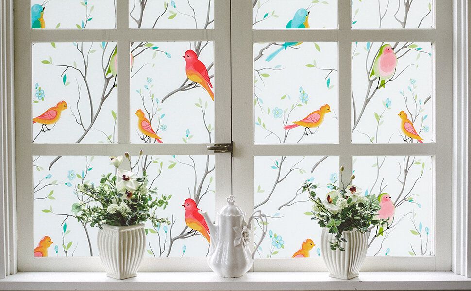 Opaque Privacy Window Film with Static Cling, Decorative Bird Decals & Frosted Glass Stickers for Home