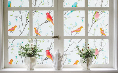 Opaque Privacy Window Film with Static Cling, Decorative Bird Decals & Frosted Glass Stickers for Home