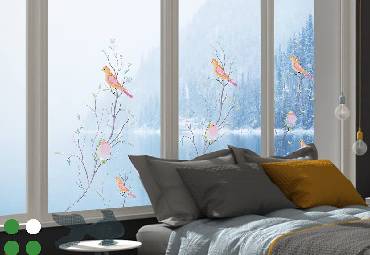 Opaque Privacy Window Film with Static Cling, Decorative Bird Decals & Frosted Glass Stickers for Home