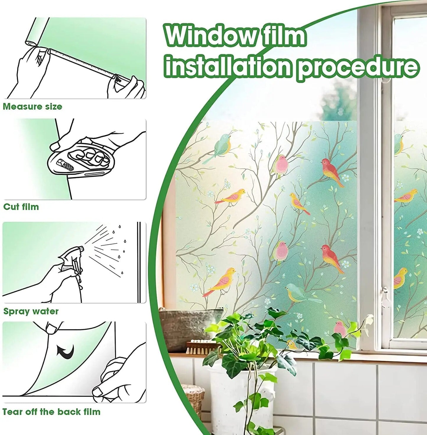 Opaque Privacy Window Film with Static Cling, Decorative Bird Decals & Frosted Glass Stickers for Home